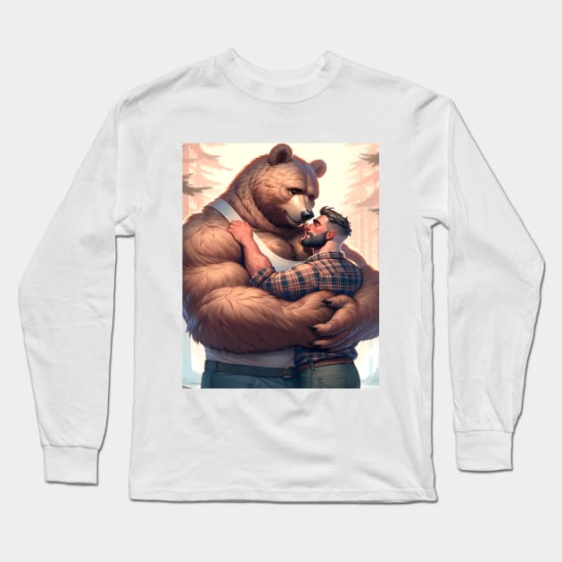 Gay Lumberjack and Anthro Furry Bear Lovers Art Long Sleeve T-Shirt by Blue Bull Bazaar